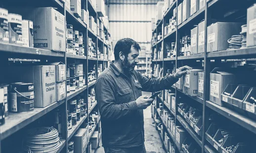 Estantería de bodega cargada de cajas rotuladas
